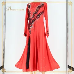 社交ダンス 衣装 ワンピース ドレス 赤 光沢 軽い パーティ 発表会 パーティドレス デモ 薄い ブラック系 レッド系 軽量 おしゃれ デザイン かわいい 上品 女性用 大人用 発表会衣装 フォーマル ダンス用舞台衣装 シンプル