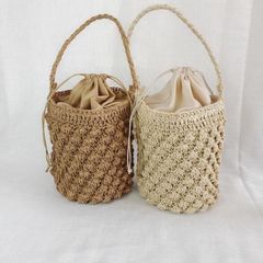 贅沢2点セット】オーガニックコットンリネンで編んだ巾着バッグ&スマホ 