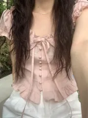 アモロソ フリル ピンク ブラウス パフ