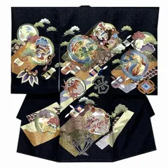 お宮参り 着物 男の子 赤ちゃんのお祝い着 産着 初着 正絹「黒地 龍に宝尽くし」