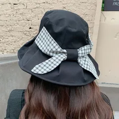 つば広帽子 ハット コットン チェック柄リボン 紫外線対策 uvカット  韓国 ファッション 雑貨 かわいい おしゃれ 北欧 送料無料 [K] (T)