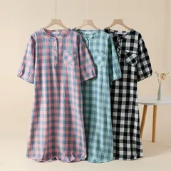 春夏レディースコットンチェック柄 ロンーグルームワンピースパジャマ 