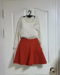 分厚い ウール&ウール オレンジ フレア スカート(S)