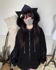 地雷系 ライト エンブロイダリー レイ レース リー キャッツ スウェット コート