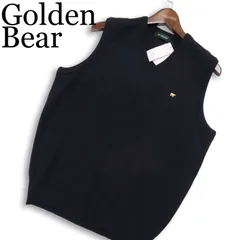 【新品 未使用】 Golden Bear ゴールデンベア 秋冬 ベア刺繍 Vネック ウール ニット ベスト Sz.M メンズ ネイビー 日本製