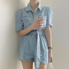 レトロ レーシング 半袖 折り襟 デニム ショート オールインワンサロペット[K](T)