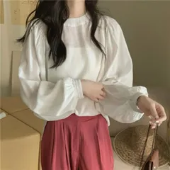 ブラウス シアー パフスリーブ 長袖  薄手 透け感 シアーブラウス シースルー バルーン カットソー シアートップス ボリュームスリーブ 春 夏 秋 冬 レディース ホワイト パープル 華奢見え おしゃれ きれいめ 仕事 オフィス 通勤 無地 [K](T)