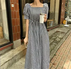 エレガントチェック柄 レトロ スクエアネック カジュアルワンピース[K](T)