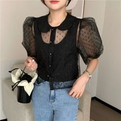 マチャット ビッグカラーブラ ベージュ 大きな襟 半袖ブラウス - メルカリ