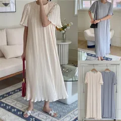 カジュアル エレガント プリーツ 半袖 ラウンドネック ロングワンピース[K](T)