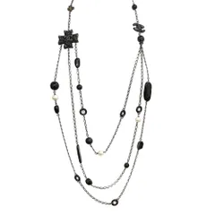 シャネル ココマーク クロス クローバー パール ロング 3連 チェーン ネックレス レジン ブラック ガンメタル金具 CHANEL（美品）