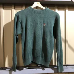 1209 TOMMY HILFIGER セーター グリーン S トミーヒルフィガー ニット ワンポイント 刺繍ロゴ コットン 古着卸 アメリカ仕入