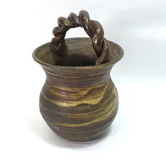 備前焼 ◆【花器】備前焼/筋線手付き籠型 花瓶 華道具 インテリア 備前焼 ギフト【中古】 
