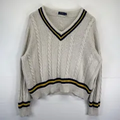 古着 ポロ・ラルフローレン POLO RALPH LAUREN ニット 大きいサイズ Vネック ケーブルニット カシミア 2XL  ベージュ メンズ