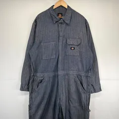 古着 ディッキーズ Dickies 長袖つなぎ オールインワン ワーク 作業着 大きいサイズ ヘリンボーン ワンポイントロゴ 2XLT  ネイビー系 メンズ