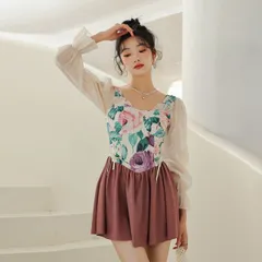 M～6L 水着 水泳 海水浴 ビーチ お嬢様 可愛い花柄切替 ワンピース 水着(T)