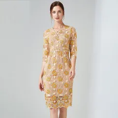 大きいサイズ L～6L OL通勤 通学 披露宴 パーティードレス パーティドレス フォーマルドレス 上品花柄刺繍 レース ドレスワンピース(T)