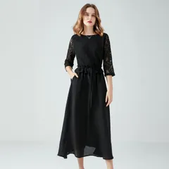 大きいサイズ L～6L OL通勤 通学 披露宴 パーティードレス パーティドレス フォーマルドレス シフォン 花柄レース切替 ドレスワンピース(T)