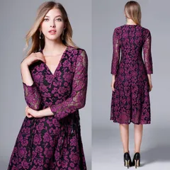 大きいサイズ L～6L パーティードレス パーティドレス フォーマルドレス 二次会 結婚式 披露宴 大人上品Vネック 花柄総レース ドレスワンピース(T)