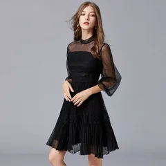 L6L ゆったり大きいサイズ パーティードレス パーティドレス フォーマルドレス 結婚式 異素材切替 プリーツ 可愛いパフスリーブワンピース(T)