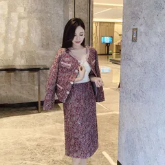 スパンコール入りツイード素材ジャケットスカート２set (T)