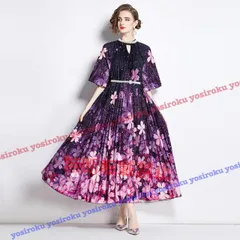 襟元パープル付き　ベルト付き　可愛い桜柄　プリーツロングワンピース (T)