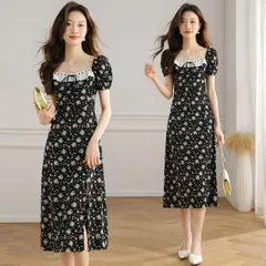 胸元可愛いフリル　前スリット入り花柄パフスリーブワンピース (T)