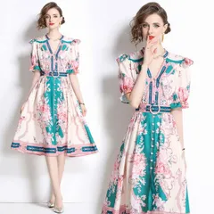 ベルト付き花柄プリントドレスワンピース (T)