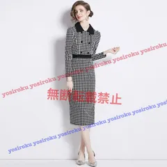 定番黒白千鳥柄 長袖ドレスワンピース (T)