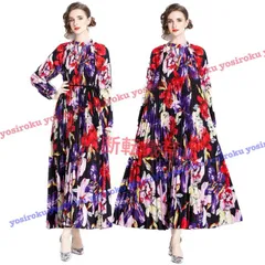 大人可愛い花柄ウエスト紐付きプリーツスロングドレスワンピース (T)