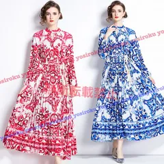 大人可愛い花柄 ウエスト紐付きプリーツスロングドレスワンピース (T)