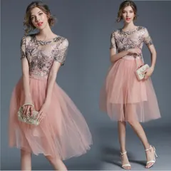 S3L パーティードレス パーティドレス フォーマルドレス 二次会 結婚式 披露宴 花柄レースチュール切替 ドレス(T)