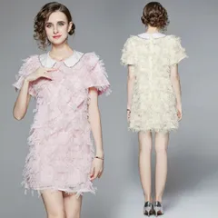 S～3L 小さいサイズ 大きいサイズサイズ お出かけ パーティー 大人可愛い パール付き襟 フレンジドレスワンピース(T)