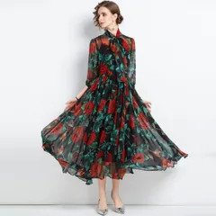 S～3L 小さいサイズ 大きいサイズサイズ パーティードレス パーティドレス フォーマルドレス 二次会 結婚式 披露宴 胸元大きめリボン 花柄シフォンロングワンピース(T)