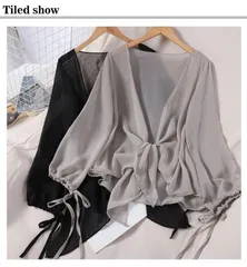 カーディガン レディース シアー 透け感 UVカット サマーカーディガン ボレロ 薄手 シフォン 長袖 おしゃれ きれいめ 羽織 ボリューム袖 冷房対策 体型カバー 長袖 トップス 無地 白 黒 ベー