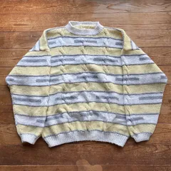 90's border cable knit sweater. 古着　ボーダー総柄ニット　ケーブルセーター　ホワイト　イエロー　XL