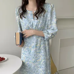 エレガント フリル Vネック 花柄 カジュアルワンピース[K](T)