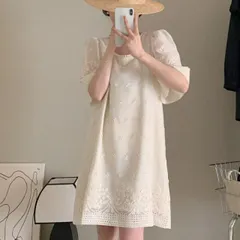 ワンピース レース 半袖 フラワー 花柄 膝上 スクエアネック ワンピ フレンチガーリー かわいい 半袖 春夏 カジュアル リゾート フェミニン レース パフスリーブオフホワイト ホワイト カジュアル エレガント レース カジュアルワンピース 韓国ファッション