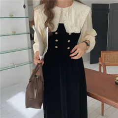 カジュアル レトロ シンプル 偽2枚 折り襟 ラウンドネック ワンピース[K](T)