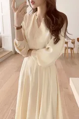 エレガント レーシング 長袖 Vネック シングルブレスト ロングワンピース[K](T)