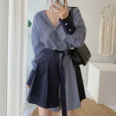 ファッション レトロ ストライプ柄 シングルブレスト 2点セット シャツワンピース[K](T)