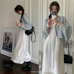 カジュアル ノースリーブーブ 柔らかい印象 キャミソールワンピース ニットカーディガン[K](T)