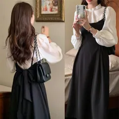 上品さたっぷり リボンカラー 長袖 シャツ 無地 キャミソールワンピース 2点セット[K](T)