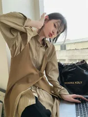 上品さたっぷり 単品注文 ロングストライプ柄シャツキャミソールワンピース 2点セット[K](T)