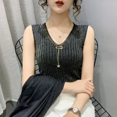 トレンド  薄手 シンプル 無地 vネック ノースリーブーブ レディース ベスト[K](T)