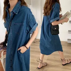 キレイめ マキシ丈 半袖 通勤 オシャレ 着痩せ デニム デートワンピース[K](T)