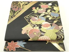 平和屋着物●六通柄袋帯　唐織　色紙重ね流水鴛鴦花文　黒地　金糸　正絹　逸品　DAAZ3239ob