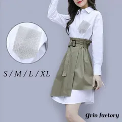 シャツワンピース スカート セット 重ね着 白シャツ 長袖 ワンピース ツーピース 小さいサイズ 大きいサイズ S M L XL アシンメトリー 長袖シャツ ホワイト 白 ベルト付き 可愛い 個性的 白ワンピ 襟 ボタン かっこいい 大人 レディース おしゃれ