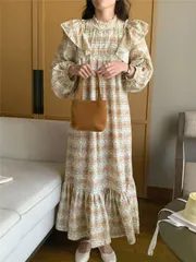 ワンピース スタンドカラー フリル ロングスカート 長袖 格子縞[K](T)