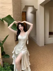 韓国ファッション 大きいサイズ裾 フリル ワンピース セクシー 背中透け感オシャレ[K](T)